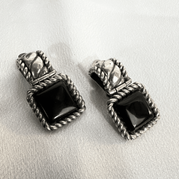 Antique Onyx Silver Clip On Fashion Earrings