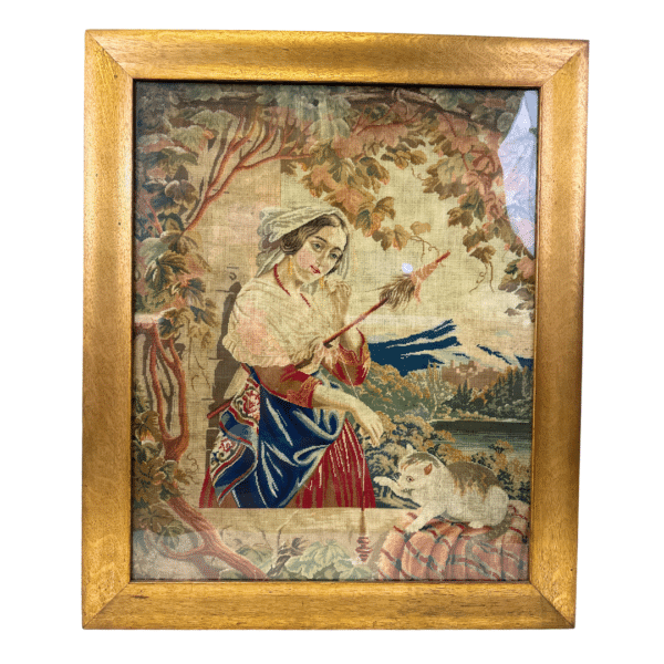 Antique Koblen Embroidery Picture of Woman & Cat
