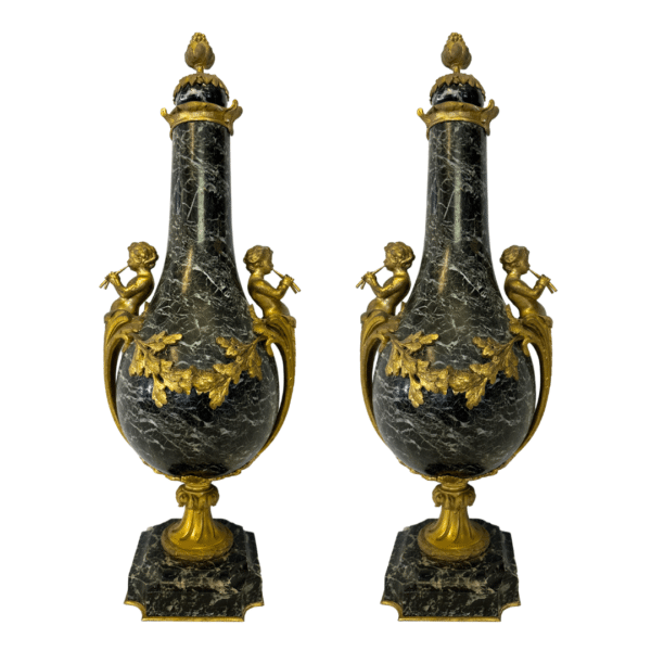 Pair Of Antique Marble Stone & Bronze Vase 19th Century
