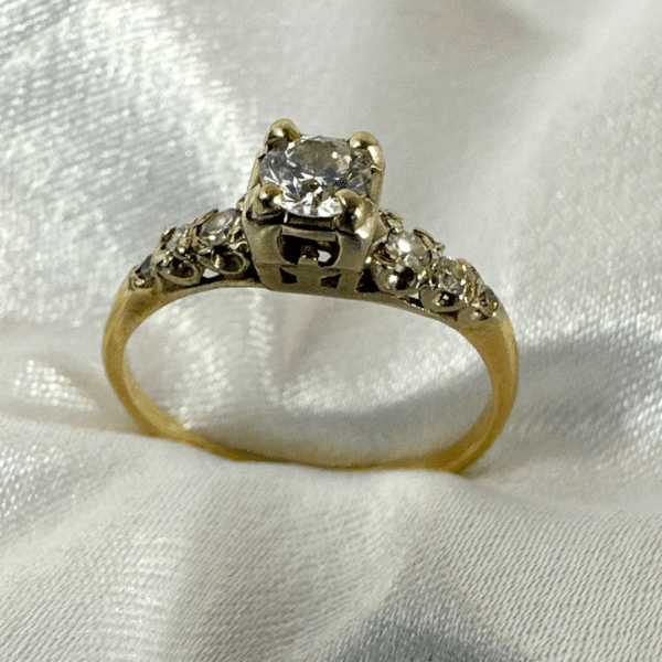 Art Deco 14k Yellow Gold & Whit Gold Accent Diamonds Antique Ring Size 6.25
