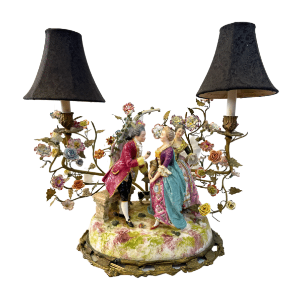 Enchanting 19th C. Double French Figural Lamp with Porcelain Flower and Bronze Base