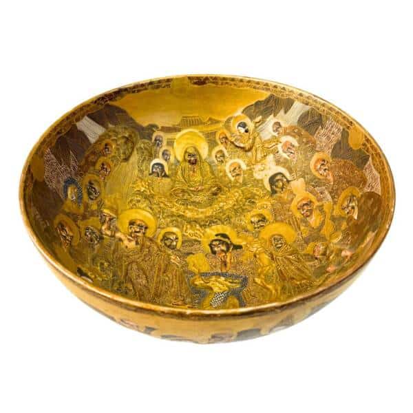 "Exquisite 19th Century Japanese Antique Gold Embossed Satsuma Porcelain Bowl - 14.75" Diameter, 6.12" Height"