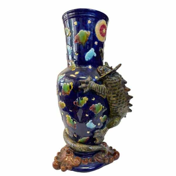 Large Majolica Pottery Pedestal Stoneware Metal Dragon Antique Decorative Enamel Vase