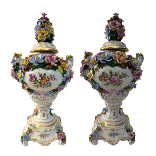 Pair Of Dresden Antique Porcelain Medium-Sized Decorative Vase With Lid, Adorned with Hand-Painted Flowers